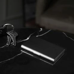 Fort Tempus Black Leather & Stainless Steel Card Holder -MEN WALLETS store rst megashoot wall 1 1048